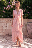 Vestido Midi Floral Assimétrico, Flor Assimétrico em Chiffon A-Line Cor-de-Rosa com Decote em V, com Mangas Bufantes