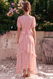 Vestido Midi Floral Assimétrico, Flor Assimétrico em Chiffon A-Line Cor-de-Rosa com Decote em V, com Mangas Bufantes