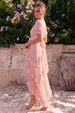 Vestido Midi Floral Assimétrico, Flor Assimétrico em Chiffon A-Line Cor-de-Rosa com Decote em V, com Mangas Bufantes