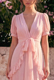Vestido Midi Floral Assimétrico, Flor Assimétrico em Chiffon A-Line Cor-de-Rosa com Decote em V, com Mangas Bufantes