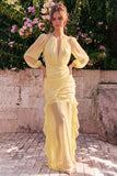 Vestido Maxi Daffodil Shiffon Sereia, decote redondo com folhos e mangas compridas