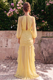 Vestido Maxi Daffodil Shiffon Sereia, decote redondo com folhos e mangas compridas