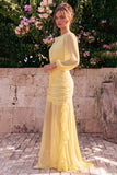Vestido Maxi Daffodil Shiffon Sereia, decote redondo com folhos e mangas compridas