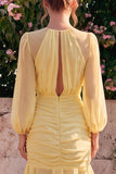 Vestido Maxi Daffodil Shiffon Sereia, decote redondo com folhos e mangas compridas