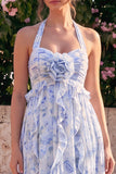 Vestido Midi de Flor de Chiffon A-Line com decote halter e folhos