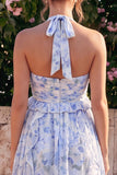 Vestido Midi de Flor de Chiffon A-Line com decote halter e folhos