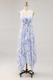 Vestido Midi de Flor de Chiffon A-Line com decote halter e folhos