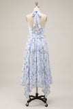 Vestido Midi de Flor de Chiffon A-Line com decote halter e folhos