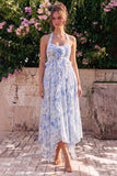 Vestido Midi de Flor de Chiffon A-Line com decote halter e folhos