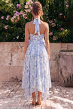 Vestido Midi de Flor de Chiffon A-Line com decote halter e folhos