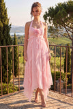 Vestido Midi de Flor de Chiffon A-Line com decote halter e folhos