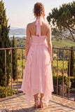 Vestido Midi de Flor de Chiffon A-Line com decote halter e folhos