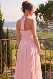 Vestido Midi de Flor de Chiffon A-Line com decote halter e folhos