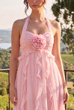 Vestido Midi de Flor de Chiffon A-Line com decote halter e folhos