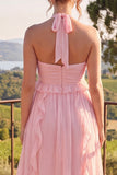Vestido Midi de Flor de Chiffon A-Line com decote halter e folhos