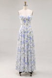 Vestido Maxi sem costas com flor azul de chiffon em chiffon com alças finas e folhos