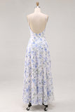 Vestido Maxi sem costas com flor azul de chiffon em chiffon com alças finas e folhos