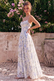 Vestido Maxi sem costas com flor azul de chiffon em chiffon com alças finas e folhos