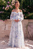 Vestido Maxi A-Line de Flor Azul de Chiffon com Ombros Descobertos e Mangas Compridas