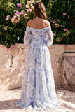 Vestido Maxi A-Line de Flor Azul de Chiffon com Ombros Descobertos e Mangas Compridas