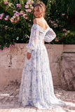Vestido Maxi A-Line de Flor Azul de Chiffon com Ombros Descobertos e Mangas Compridas