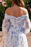 Vestido Maxi A-Line de Flor Azul de Chiffon com Ombros Descobertos e Mangas Compridas