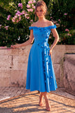 Vestido midi azul A-Line Ombro Descoberto com Flores 3D