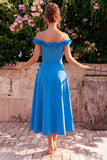 Vestido midi azul A-Line Ombro Descoberto com Flores 3D