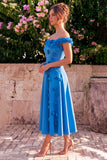 Vestido midi azul A-Line Ombro Descoberto com Flores 3D