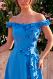 Vestido midi azul A-Line Ombro Descoberto com Flores 3D