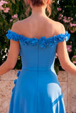 Vestido midi azul A-Line Ombro Descoberto com Flores 3D