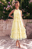 Vestido Midi de decote halter azul claro com decote em A com flores 3D