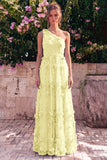 Vestido Maxi A-Line Azul Claro de um ombro com flores 3D