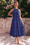Vestido Midi de decote halter azul claro com decote em A com flores 3D