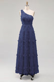 Vestido Maxi A-Line Azul Claro de um ombro com flores 3D