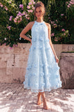 Vestido Midi de decote halter azul claro com decote em A com flores 3D