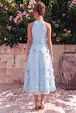 Vestido Midi Halter Flores Azul Claro para Convidada de Casamento