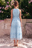 Vestido Midi de decote halter azul claro com decote em A com flores 3D