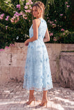Vestido Midi de decote halter azul claro com decote em A com flores 3D
