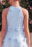 Vestido Midi Halter Flores Azul Claro para Convidada de Casamento