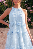 Vestido Midi de decote halter azul claro com decote em A com flores 3D