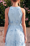 Vestido Midi de decote halter azul claro com decote em A com flores 3D