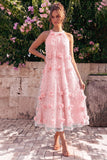 Vestido Midi de decote halter azul claro com decote em A com flores 3D