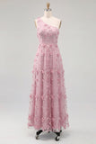 Vestido Maxi A-Line Azul Claro de um ombro com flores 3D