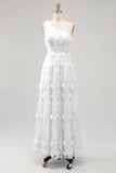 Vestido Maxi A-Line Azul Claro de um ombro com flores 3D