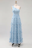 Vestido Maxi A-Line Azul Claro de um ombro com flores 3D