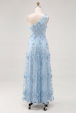 Vestido Maxi A-Line Azul Claro de um ombro com flores 3D