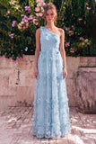 Vestido Maxi A-Line Azul Claro de um ombro com flores 3D