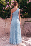 Vestido Maxi A-Line Azul Claro de um ombro com flores 3D