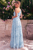Vestido Maxi A-Line Azul Claro de um ombro com flores 3D